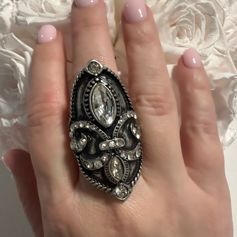 Fleur De Lis Shield Statement Ring - Silver Tone … - image 1